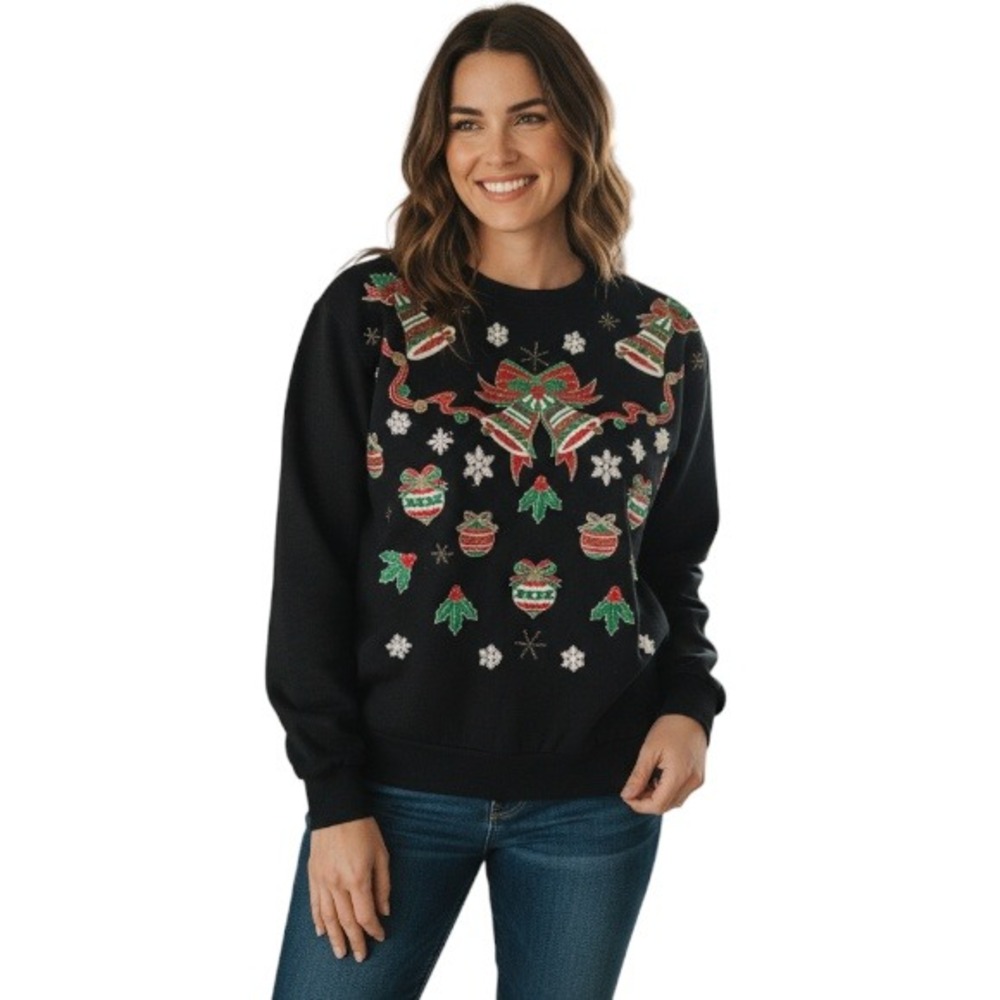 American Born Women Black‎ Sweatshirt Christmas Bells Puffy Glitter Paint Vtg